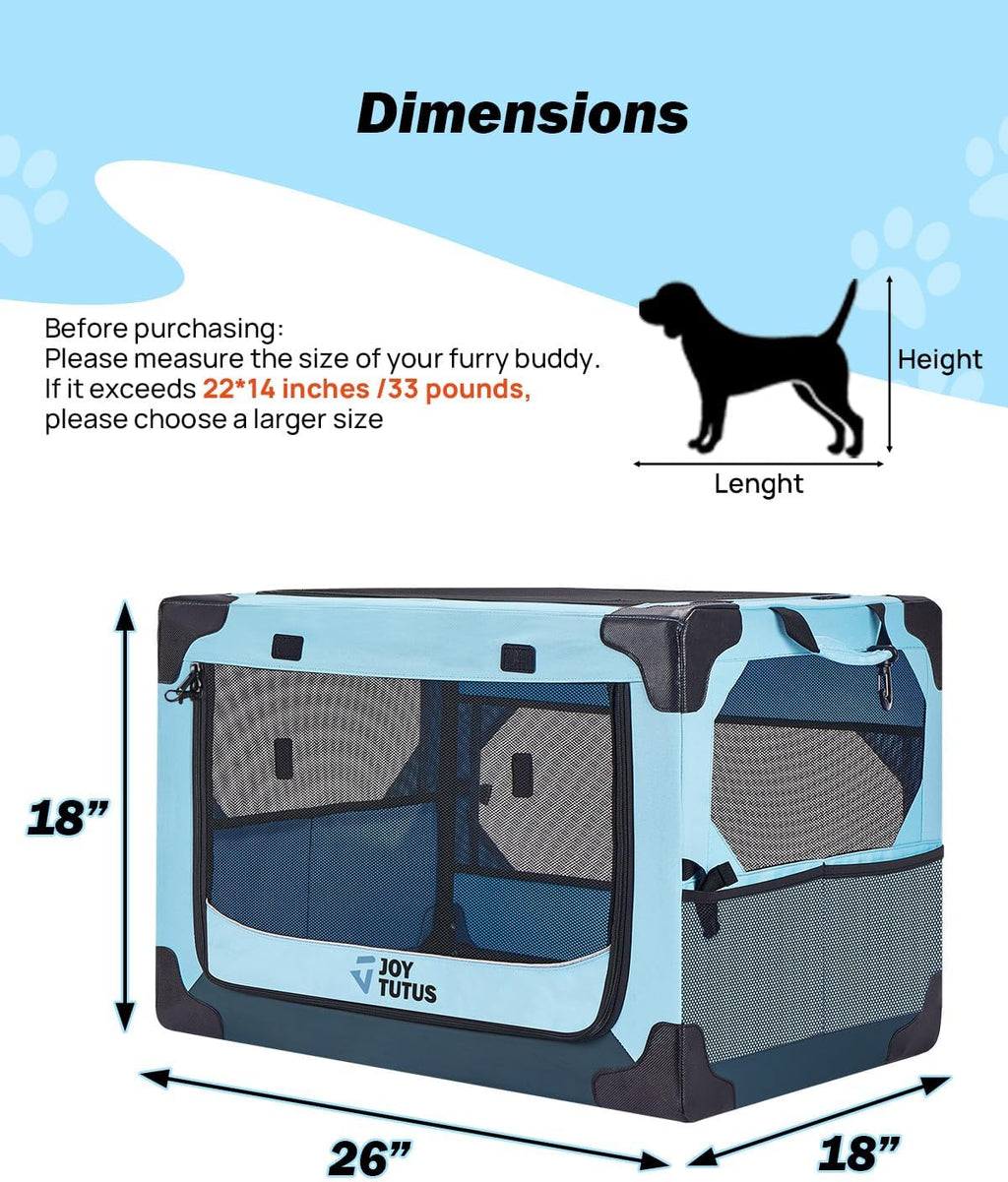JOYTUTUS Collapsible Dog Crate, 26 Inch Portable Pet Crate for Car, Travel Dog Kennel Foldable Dog Crate for Medium Dog 44lbs, Soft Cat Carrier Fit for Indoor & Outdoor/Car Back Seat/Trunk (Blue)