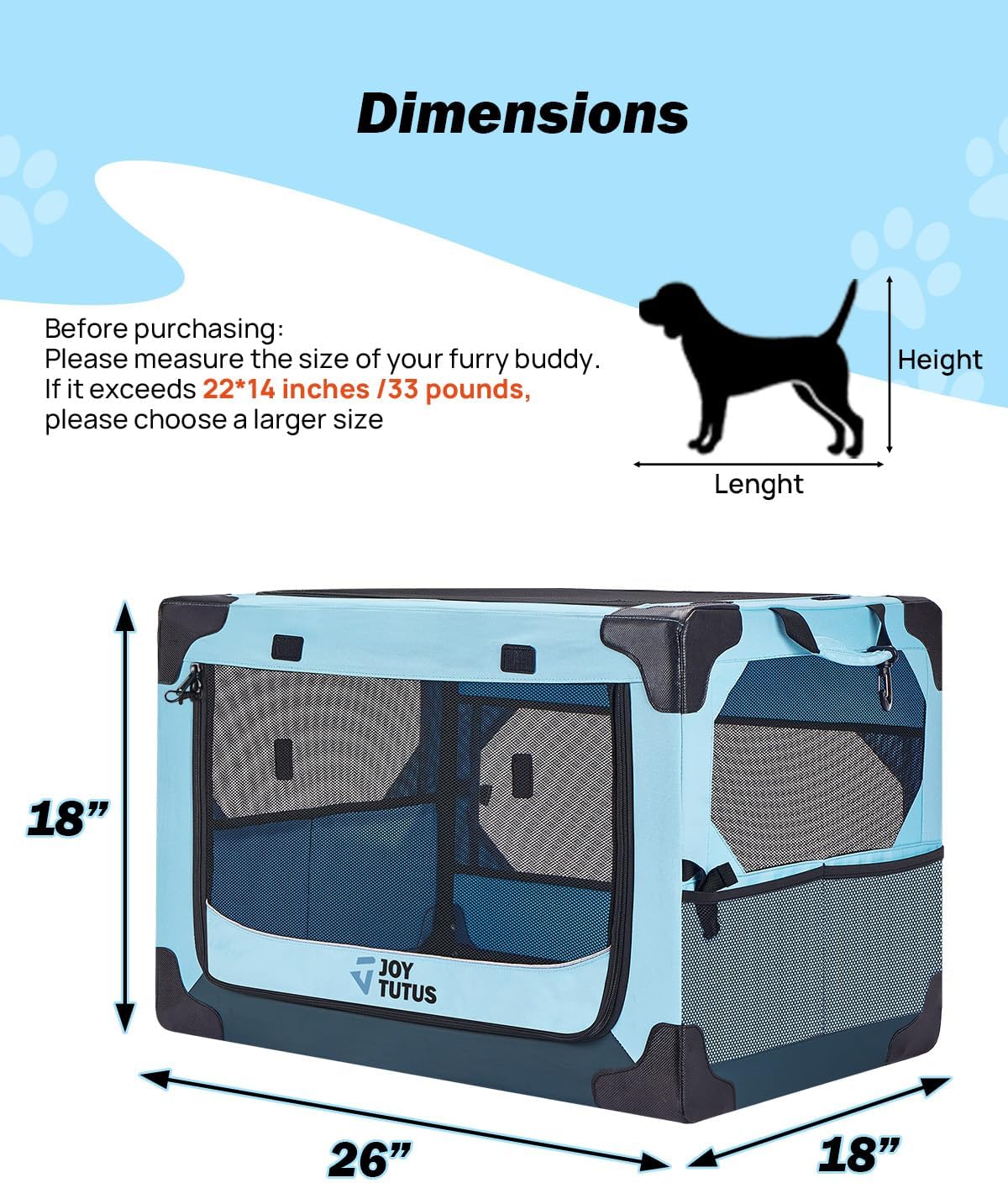 JOYTUTUS Collapsible Dog Crate, 26 Inch Portable Pet Crate for Car, Travel Dog Kennel Foldable Dog Crate for Medium Dog 44lbs, Soft Cat Carrier Fit for Indoor & Outdoor/Car Back Seat/Trunk (Blue)
