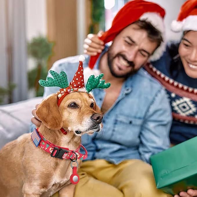 DAGANXI Christmas Tactical Dog Collar, Adjustable Military Training Nylon Dog Collar with Control Handle and Metal Buckle for Medium and Large Dogs, with Patches and Airtags Case (L, Christmas red)