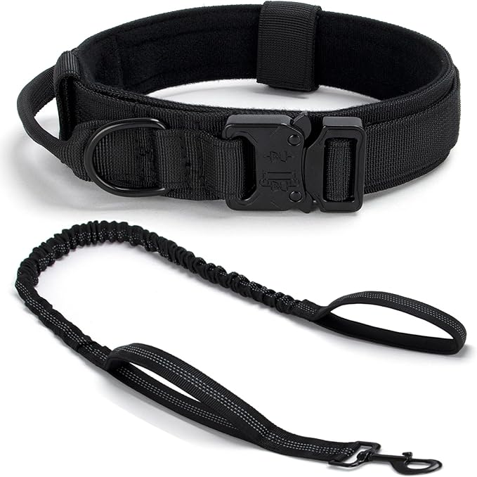 Tactical Dog Collar Set, Adjustable Military Training Nylon Dog Collar with Control Handle and Heavy Quick-Release Metal Buckle for Small Medium Large Dogs, Black S