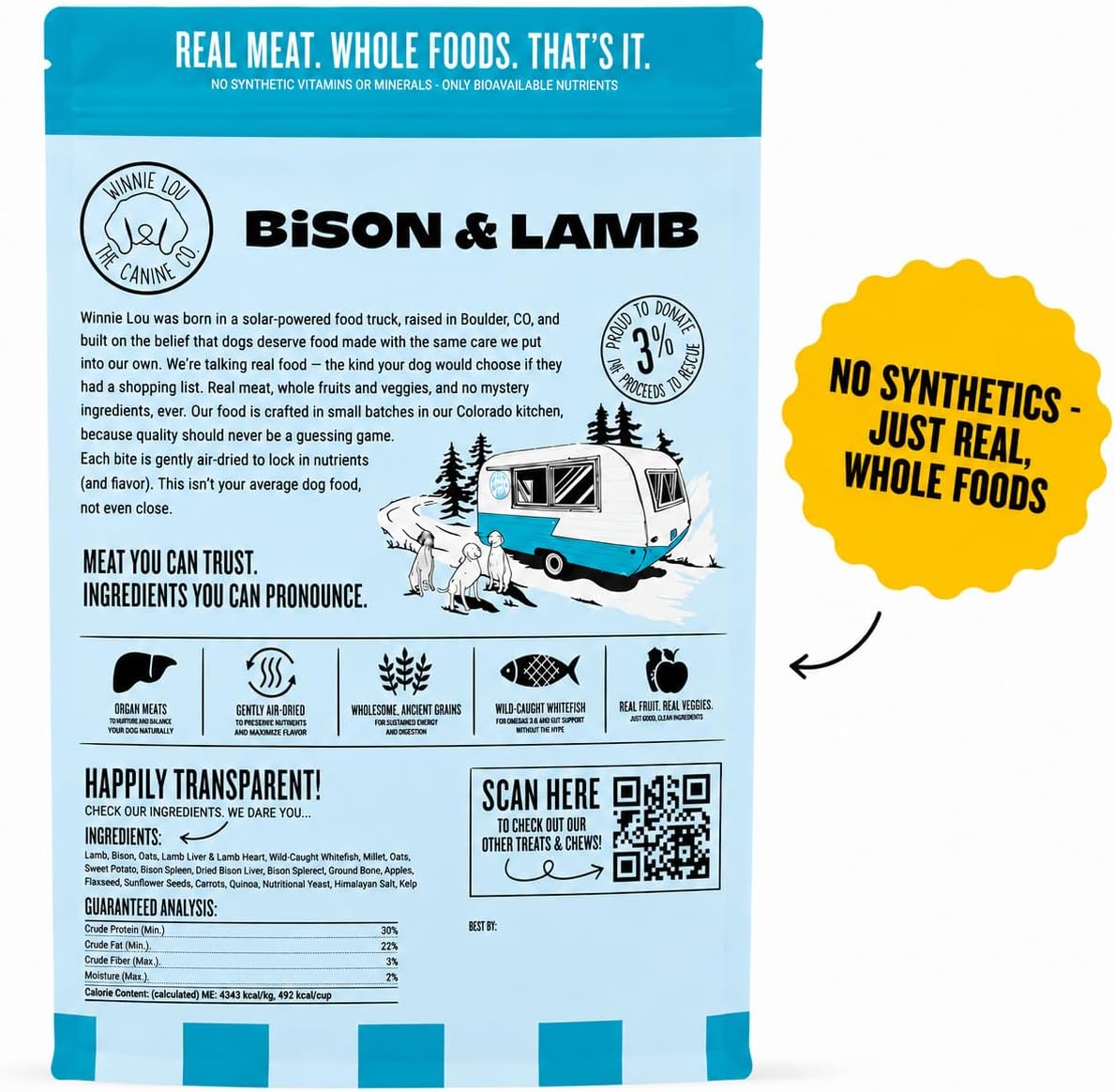 Winnie Lou The Canine Co. Air-Dried Dog Food (Bison & Lamb) | Synthetic Free, All Life Stages, Complete & Balanced