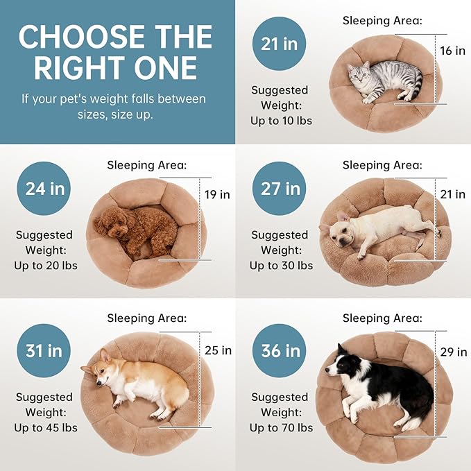 OhGeni 31 inches Calming Donut Orthopedic Dog & Cat Bed for Medium Pets, Warming Comfort Fluffy Short Pile Fur, Durable Waterproof Machine Washable Removable Cover, Cute Round Bed for Puppy, Brown