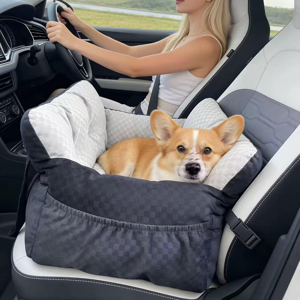 Dog Car Seat Bed for Small & Medium Dogs, with Built-in Safety Belt, Anti-Anxiety Calming Sofa Bed, Portable & All-Season Soft Pet Car Bed with Bonus Squeaky Duck Toy (Black and White Checkered)