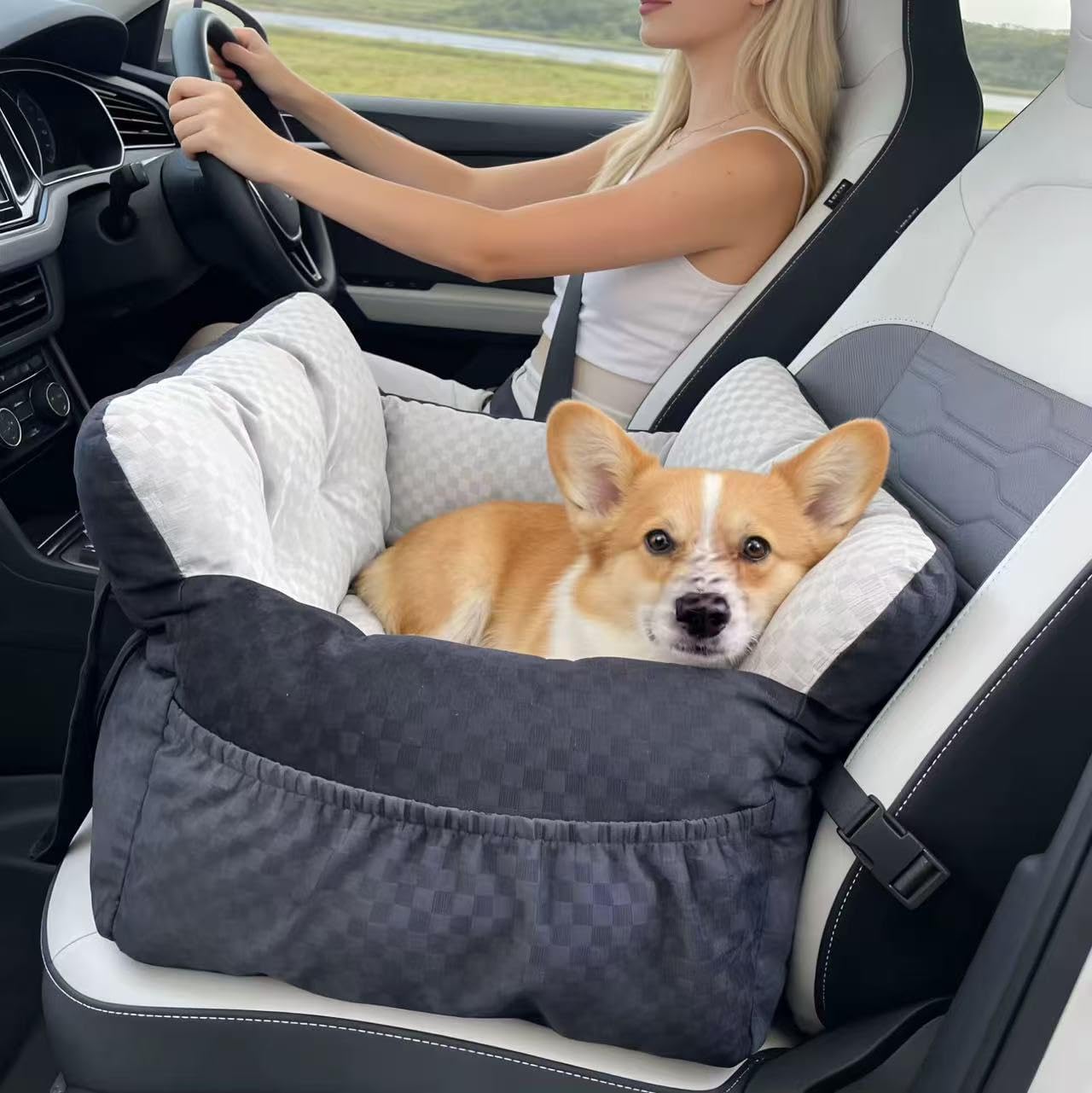 Dog Car Seat Bed for Small & Medium Dogs, with Built-in Safety Belt, Anti-Anxiety Calming Sofa Bed, Portable & All-Season Soft Pet Car Bed with Bonus Squeaky Duck Toy (Black and White Checkered)