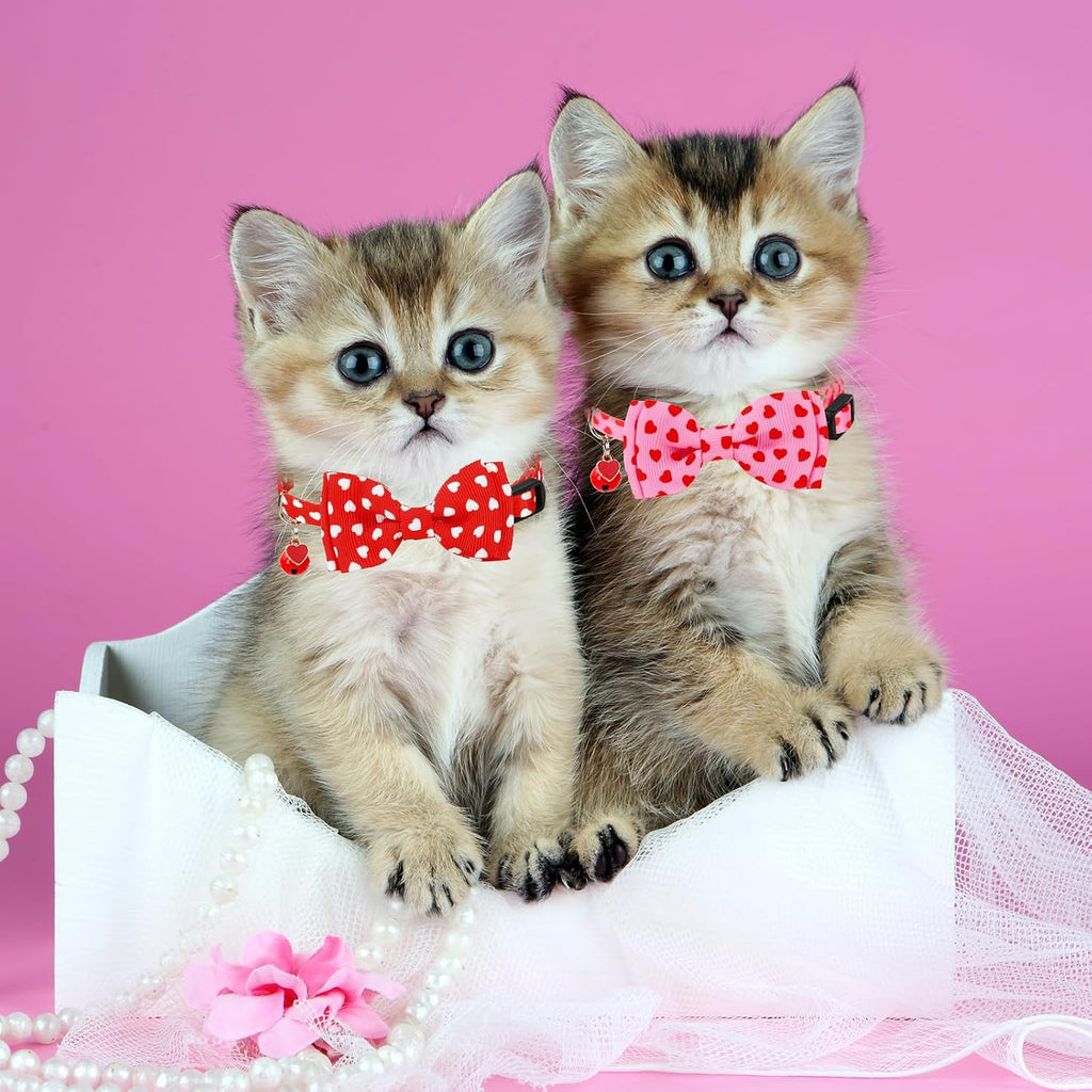 JarThenaAMCS 3Pcs Valentine's Day Cat Collar Love Heart Bowtie Collar with Breakaway Bell Red White Pink Adjustable Kitten Collars for Girl Boy Cat Small Pet