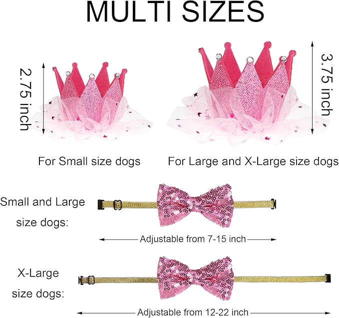Dog Birthday Party Supplies, Multi Sizes Dog Birthday Hat Crown with Numbers Bandana Girl Bow Tie for Medium Large Dogs Pets (Pink, Large)