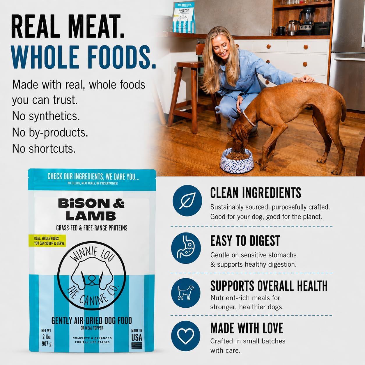 Winnie Lou The Canine Co. Air-Dried Dog Food (Bison & Lamb) | Synthetic Free, All Life Stages, Complete & Balanced