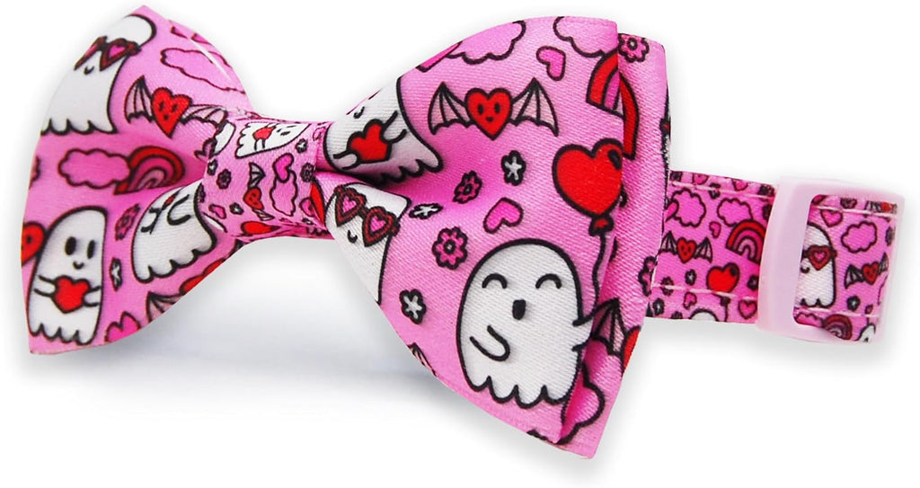 Valentine's Day Cat Collar with Bow Tie Bell & Charms BreakawayBack Heart and Pink Flowers for Male and Female Cats, Adjustable Holiday Kitten Collar for Boys & Girls