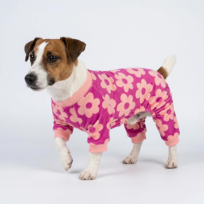 Fitwarm Flower Fleece Dog Pajamas, Warm Winter Dog Clothes for Small Dogs Girl, Cozy Pet Onesie with Feet, Pink, Large