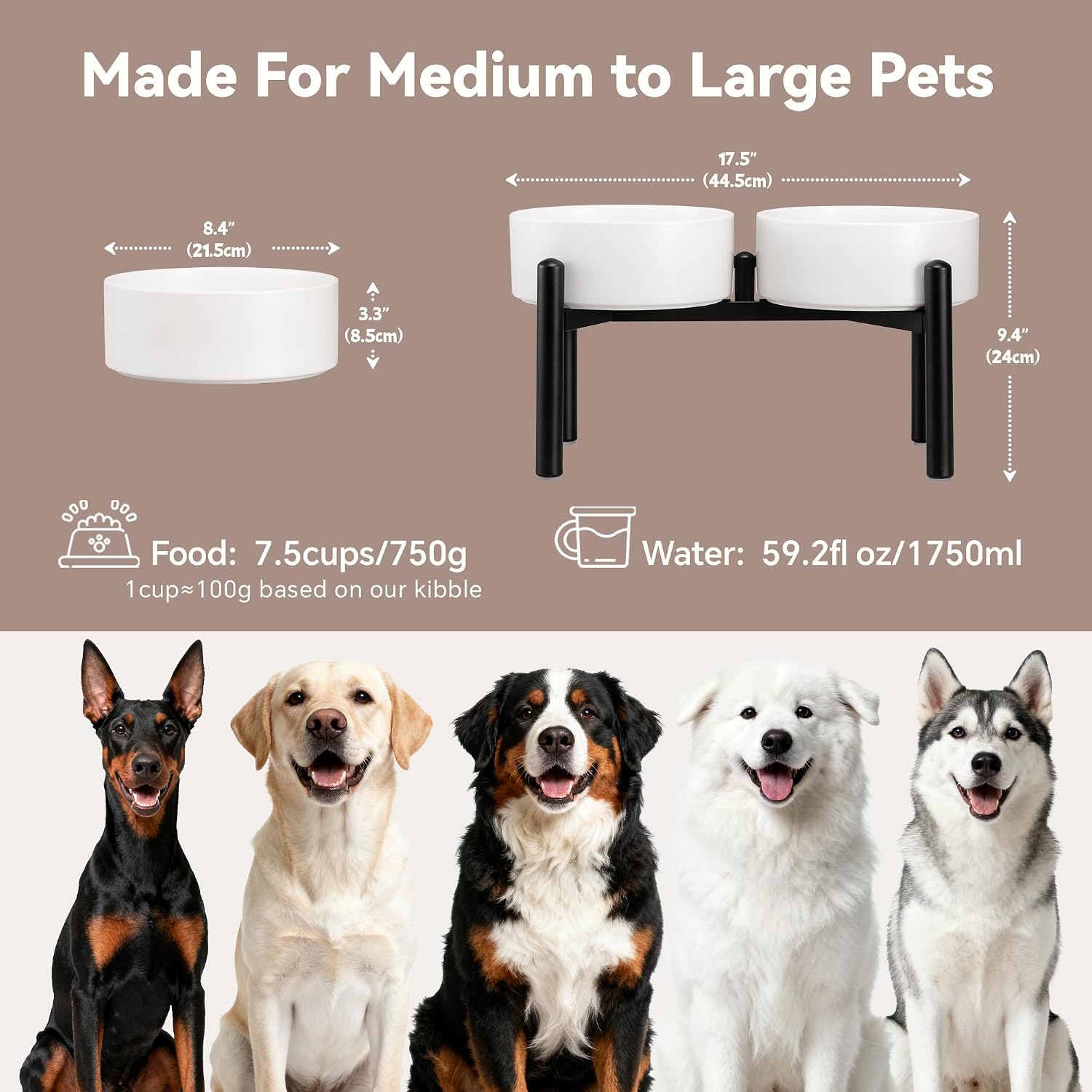 Raised Ceramic Dog Bowl Set with Stand, 7.5 Cups Elevated Dog Food Stand | 8.4'' Double Dog Food and Water Bowl Set, Non-Slip Dog Feeding Dishes for Small Breeds and Cats, 59.2 OZ, White