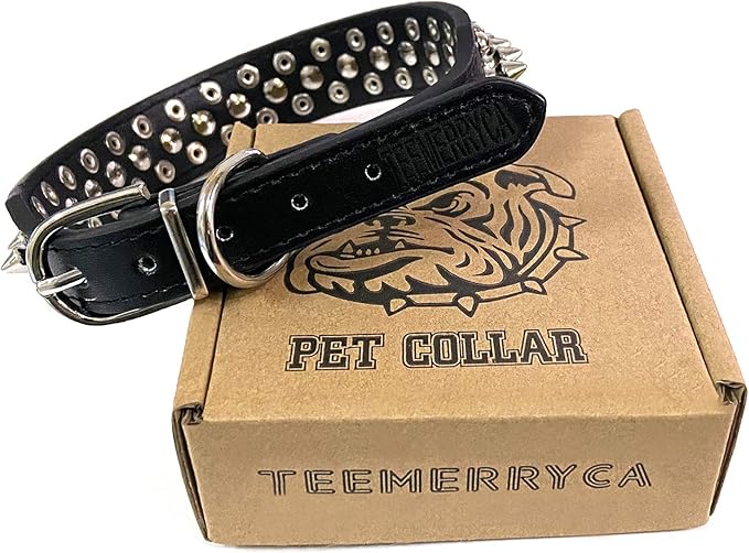 TEEMERRYCA Adjustable Microfiber Leather Spiked Studded Dog Collars with a Squeak Ball Gift for Small Medium Large Pets Like Cats/Pit Bull/Bulldog/Pugs/Husky, Black, M(12"-15")