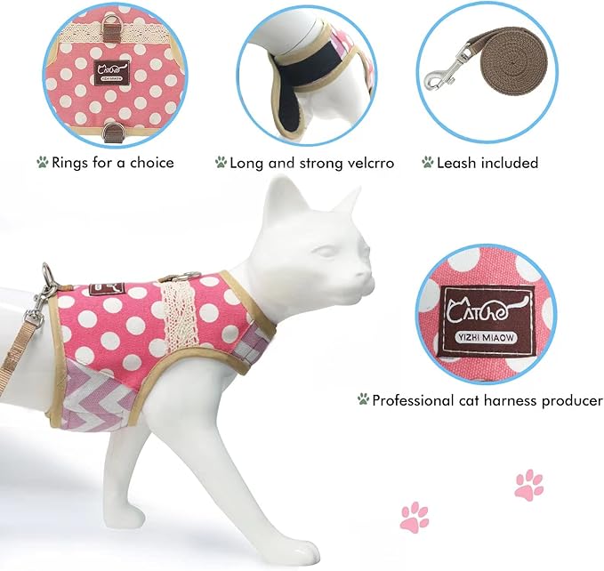 Cat Harness and Leash for Walking Escape Proof, Adjustable Cat Vest Harness, Padded Stylish Cat Walking Jackets, Polka Dot Pink, XX-Large