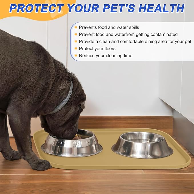 Silicone Pet Feeding Mat with Raised Edge for Food and Water, Dog Bowl Mats, Cat Bowls Placemat with High Lip for Floor Waterproof, Rubber Tray for Cats and Dogs 24 x 16 x0.8 Dark Beige