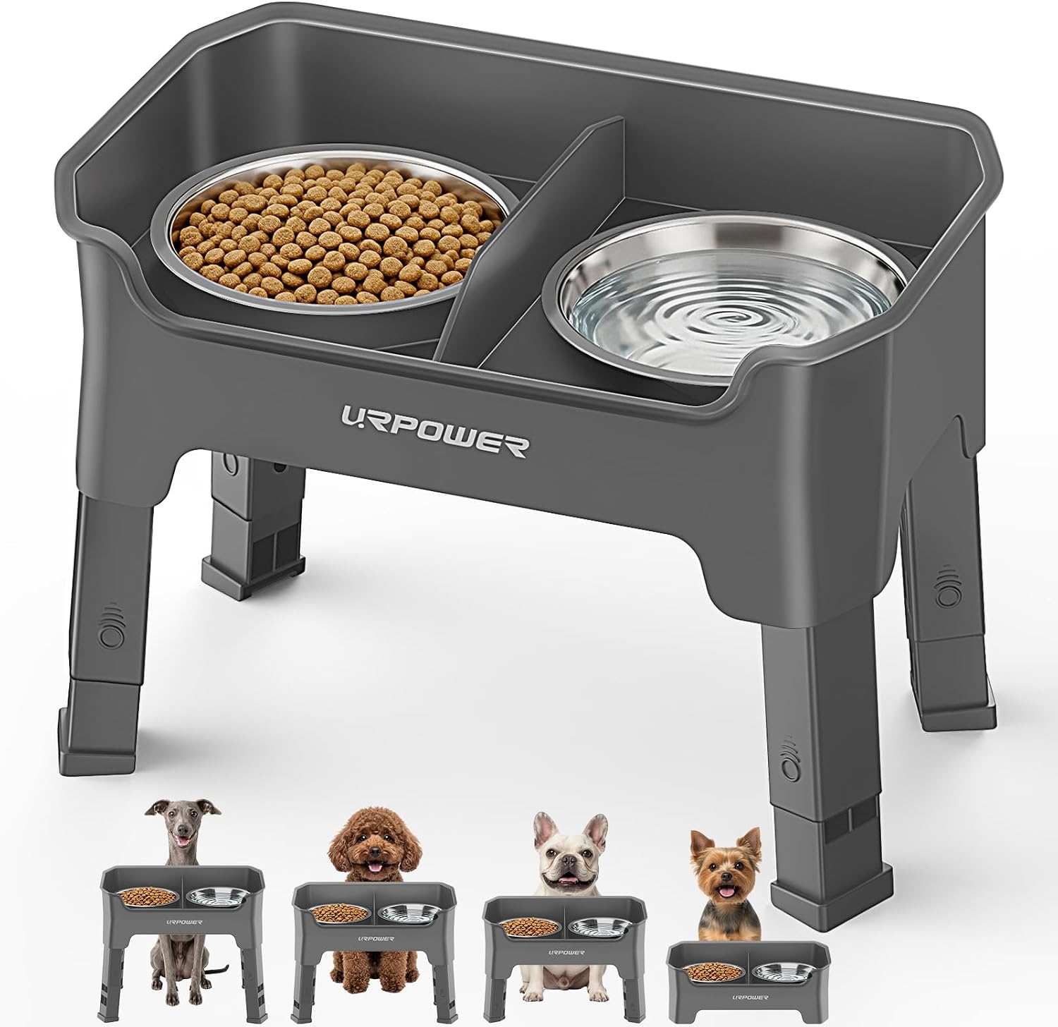 URPOWER Mess Proof Elevated Dog Bowls for Small Dogs with Splash Guard | 4 Adjustable Heights, 2 Stainless Steel Bowls, Food & Water Separation, Non-Slip Base, Foldable Raised Dog Bowl Stand, Grey
