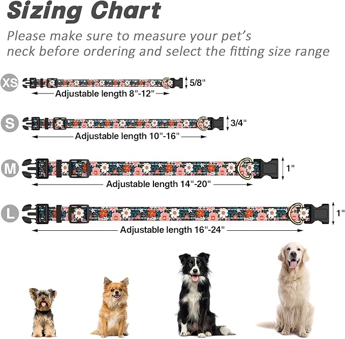 Reflective Dog Collar for Extra Small Dogs, Cute Flower Theme Adjustable Heavy-Duty Nylon Puppy Collar for Boy and Girl Female, Soft Pet Accessories with Quick Release Buckle, Elegant Floral