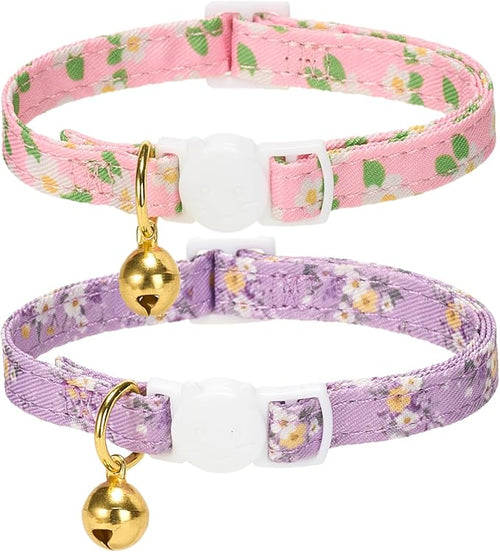 2 Pack Cat Collars, Removable Bowtie, Floral Pattern, Safety Breakaway Clasp, Adjustable for Cats.(Adult Cat, Purple and Pink dasiy)