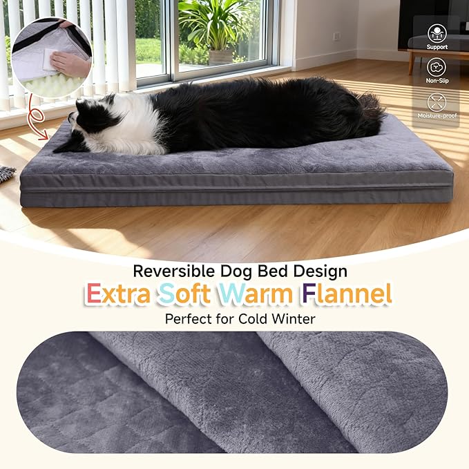 Waterproof Dog Bed for Crate - Outdoor Crate Pad for Medium Dogs, Orthopedic Egg Crate Foam, Anti-Slip, Reversible & Washable Cover, 35" x 22", Gray