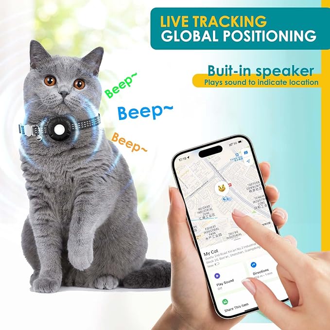 Cat Tracker, Lightweight Pet Tracker for Cats, Cat GPS Tracker Compatible with Apple Find My App(Only iOS), Real-Time Tracking, Precise Positioning, No Monthly Fee, Long-Life Battery