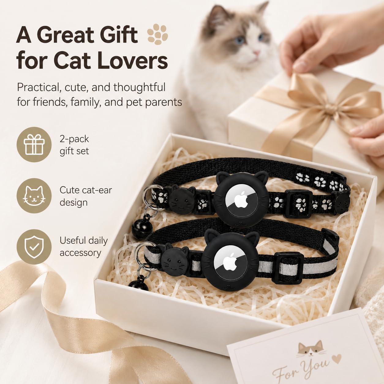 Cat Collar Breakaway 2packs, Reflective Kitten Collar with Apple Air Tag Holder and Bell for Girl Boy Cats, 0.4 Inches in Width and Lightweight (Black)