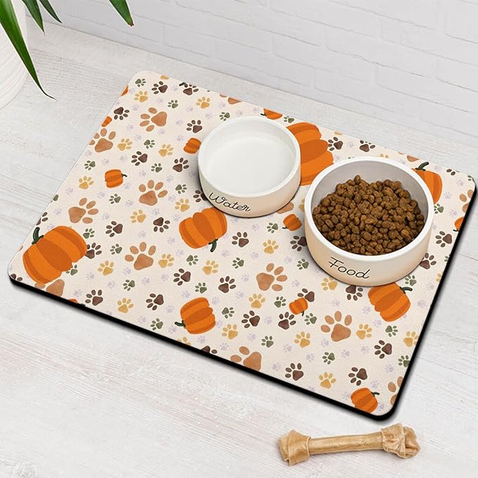 Fall Pumpkin Dog Food & Water Mat, Paw Prints Autumn Pet Feeding Mat for Floor Non-Slip Waterproof, Super Absorbent Cat Bowl Mat, Easy to Clean Eco-Friendly Durable Pet Placemat,17" × 30"