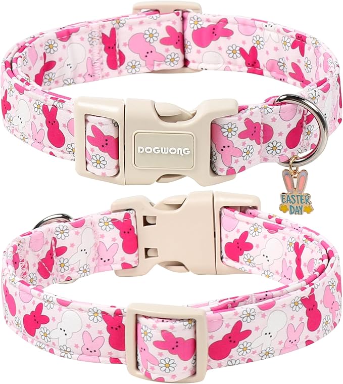 DOGWONG Easter Dog Collar, Cute Pink Easter Bunny Pet Collar Durable Holiday Girl Boy Adjustable Cotton Dog Collars for Puppy Small Dogs,XS Visit The Elegant Little Tail Store