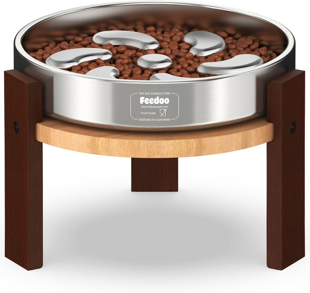 Elevated Dog Bowl Stand, 7'' Height Raised Stand for Large Dogs, Includes 3Cups Stainless Steel Slow Feeder Dog Bowl, Durable Solid Hardwood