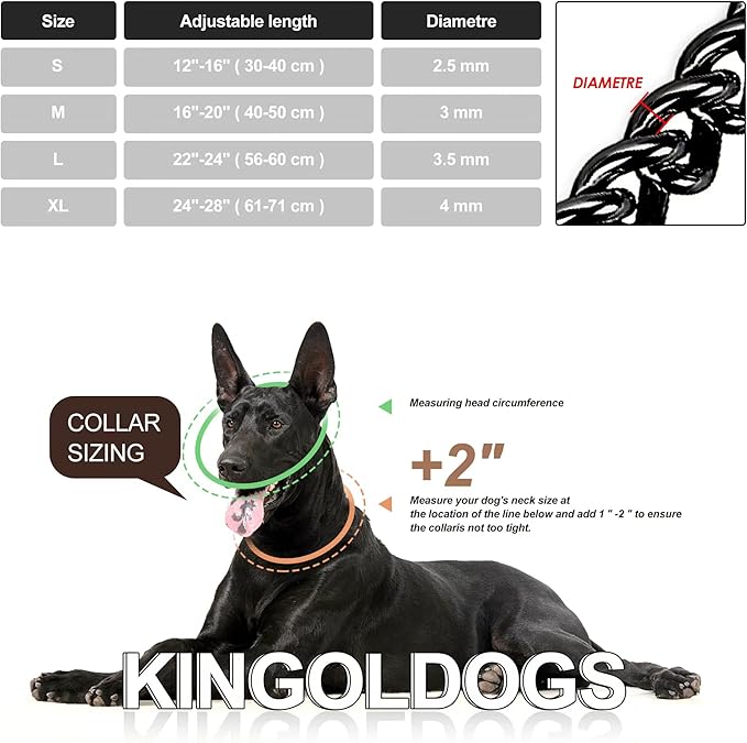 Stainless Steel Black Dog Chain Collar - Adjustable, Chew Proof, Double Row, Cuban Link, Walking Collar for Large, Small, Medium Dogs