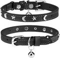 Leather Cat Collars for Boy Girl Cats with Bell and Safety Elastic Belt, Personalized Star and Moon Stud Adjustable Safe Buckle Collar for Kitty Small Big Cats Size 8-12 Inch, Black