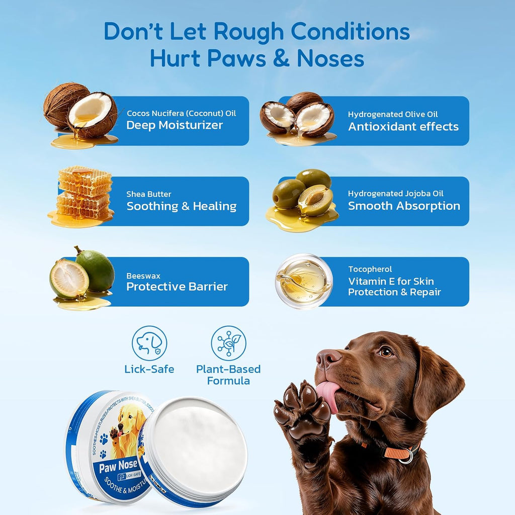 Lick Safe Dog Paw & Nose Balm - All Natural Moisturizing Wax with Coconut Oil & Shea Butter, Soothes Dry Cracked Paws & Snout, Heat & Cold Pavement Protection, 1.76 Oz Nose Butter