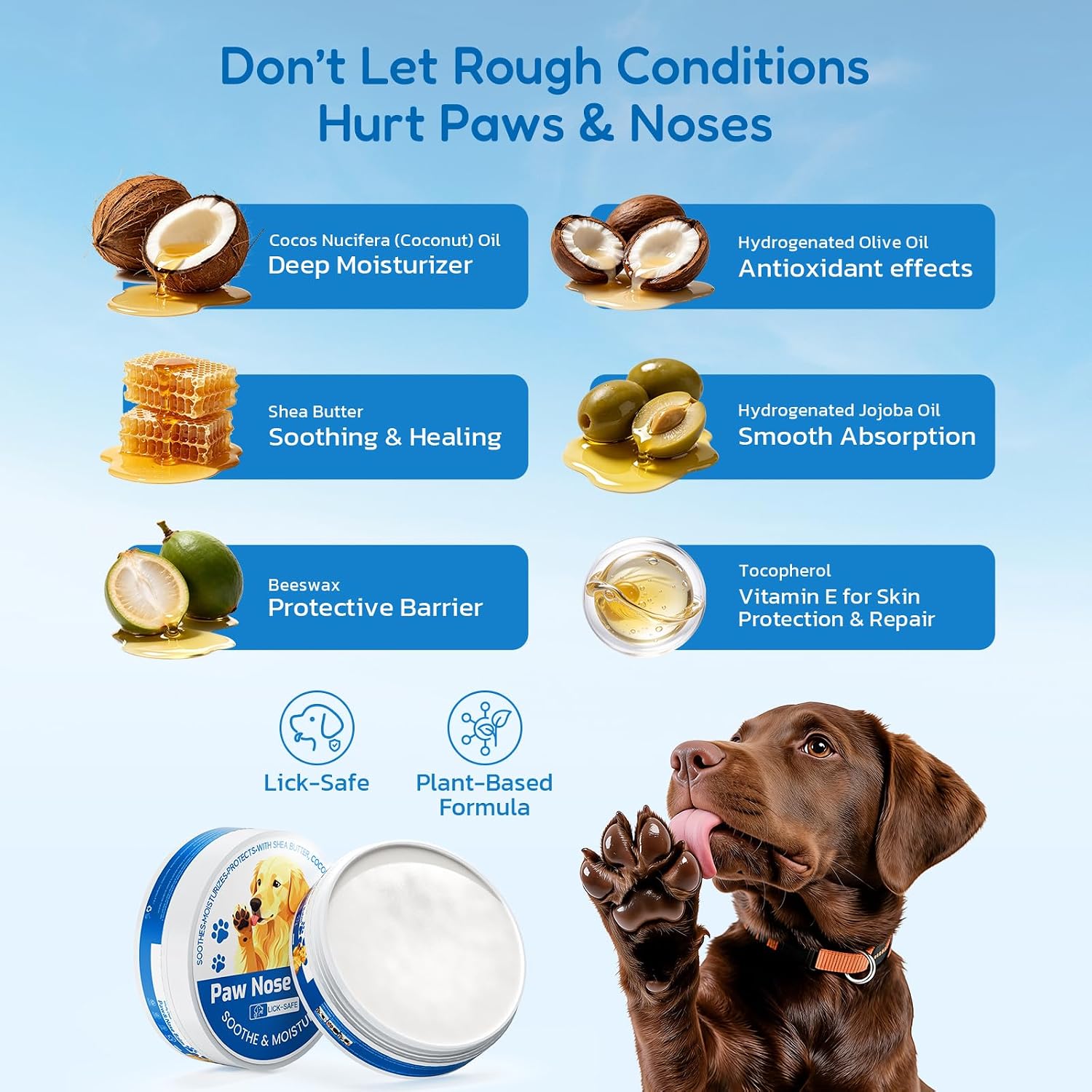Lick Safe Dog Paw & Nose Balm - All Natural Moisturizing Wax with Coconut Oil & Shea Butter, Soothes Dry Cracked Paws & Snout, Heat & Cold Pavement Protection, 1.76 Oz Nose Butter
