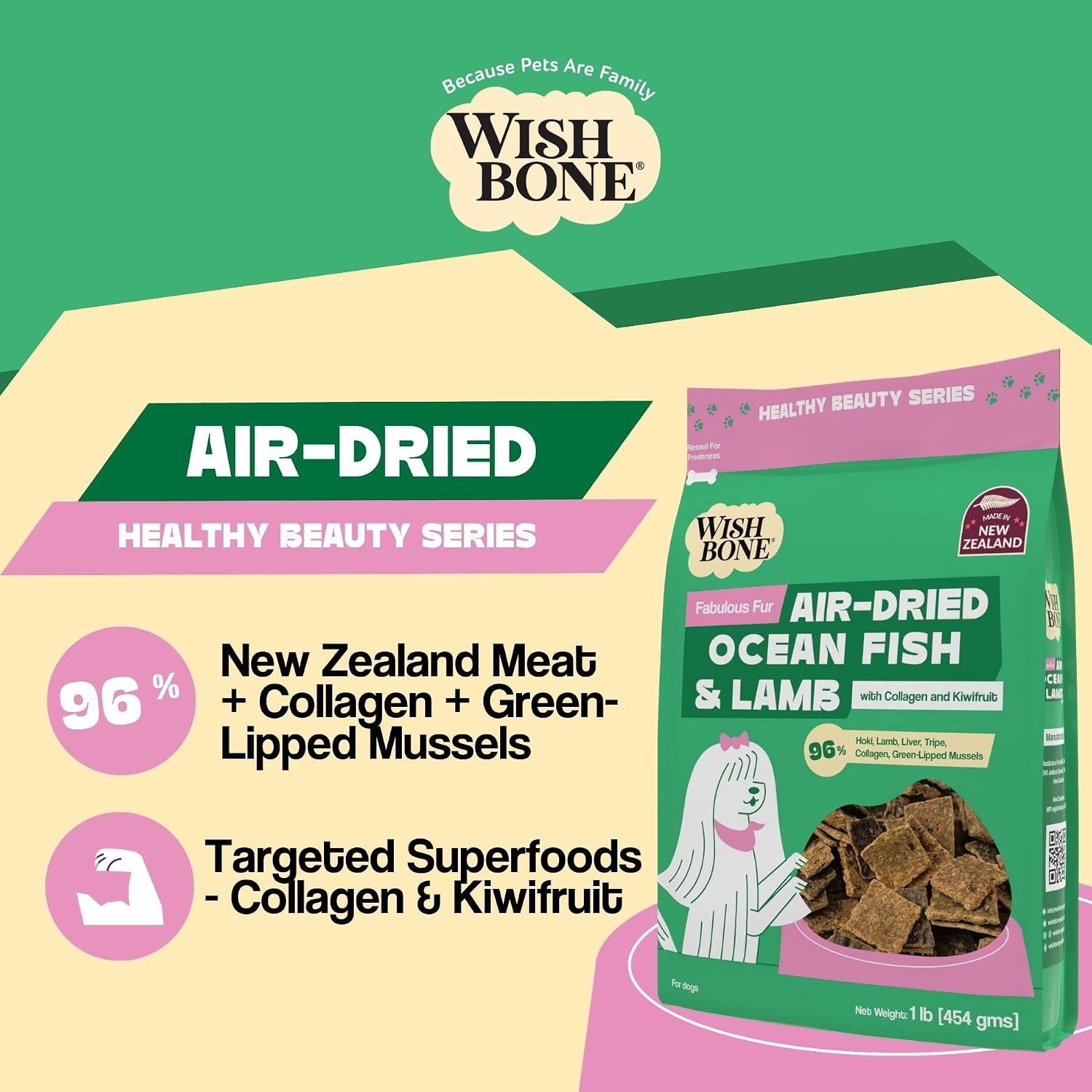 Wishbone Air-Dried Ocean Fish & Lamb Dog Food - Rich in Protein, Grain Free, Fish and Lamb Recipe, Skin and Coat Support for Pet Health - Made in New Zealand - 1lb