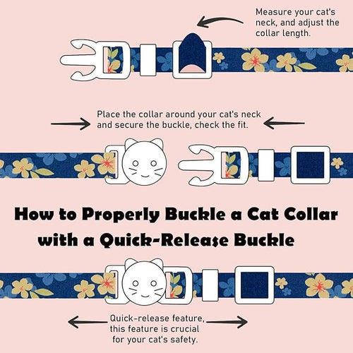 2 Pack Cotton Breakaway Cat Collars Set with Bell and Flower Pendant, Cute Floral Fruit Patterned, Adjustable 7.5-11Inch, Include A Mouse Toy Gift (Yellow+Navy Flower)