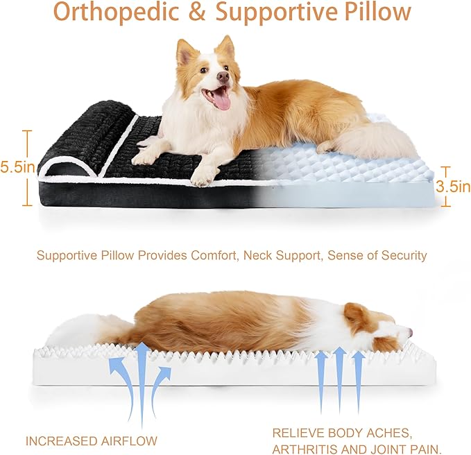 Orthopedic XL Dog Bed Large Sized Dog with Pillow 48''X30'', Waterproof Soft Comfortable Egg Crate Foam Pet Crate Beds Mat with Removable Washable Cover and Non-Slip Bottom, Black