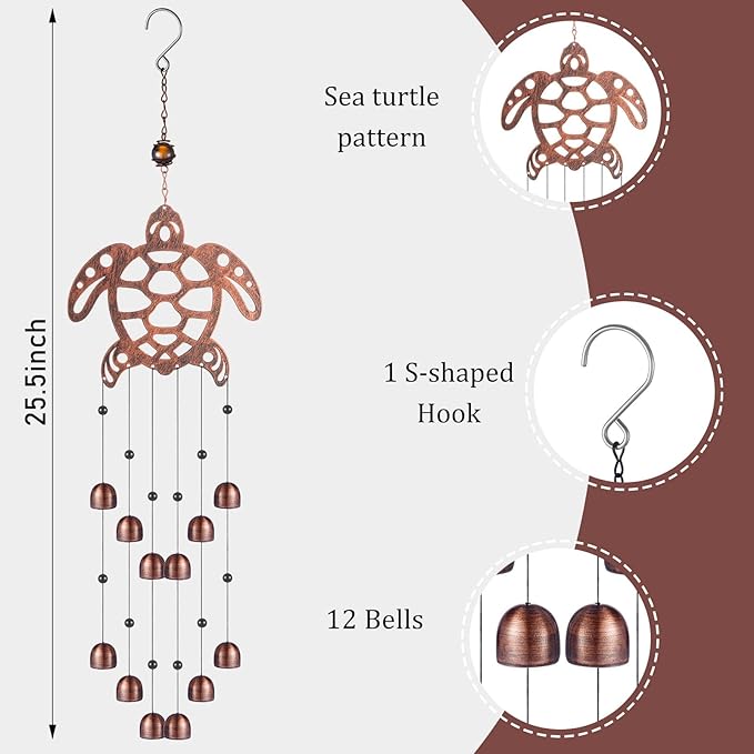 24 Inch Metal Wind Chimes Decor for Outside Garden Birthday Gift for Women Men Bronze Windchimes Pet Memorial Gift with 12 Bell for Patio Yard Lawn Housewarming Front Yard(Sea Turtle)