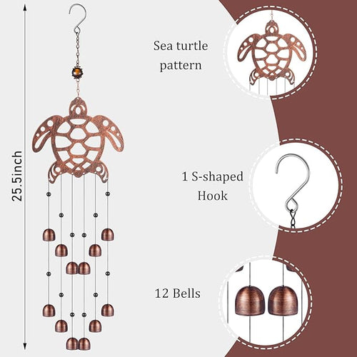 24 Inch Metal Wind Chimes Decor for Outside Garden Birthday Gift for Women Men Bronze Windchimes Pet Memorial Gift with 12 Bell for Patio Yard Lawn Housewarming Front Yard(Sea Turtle)