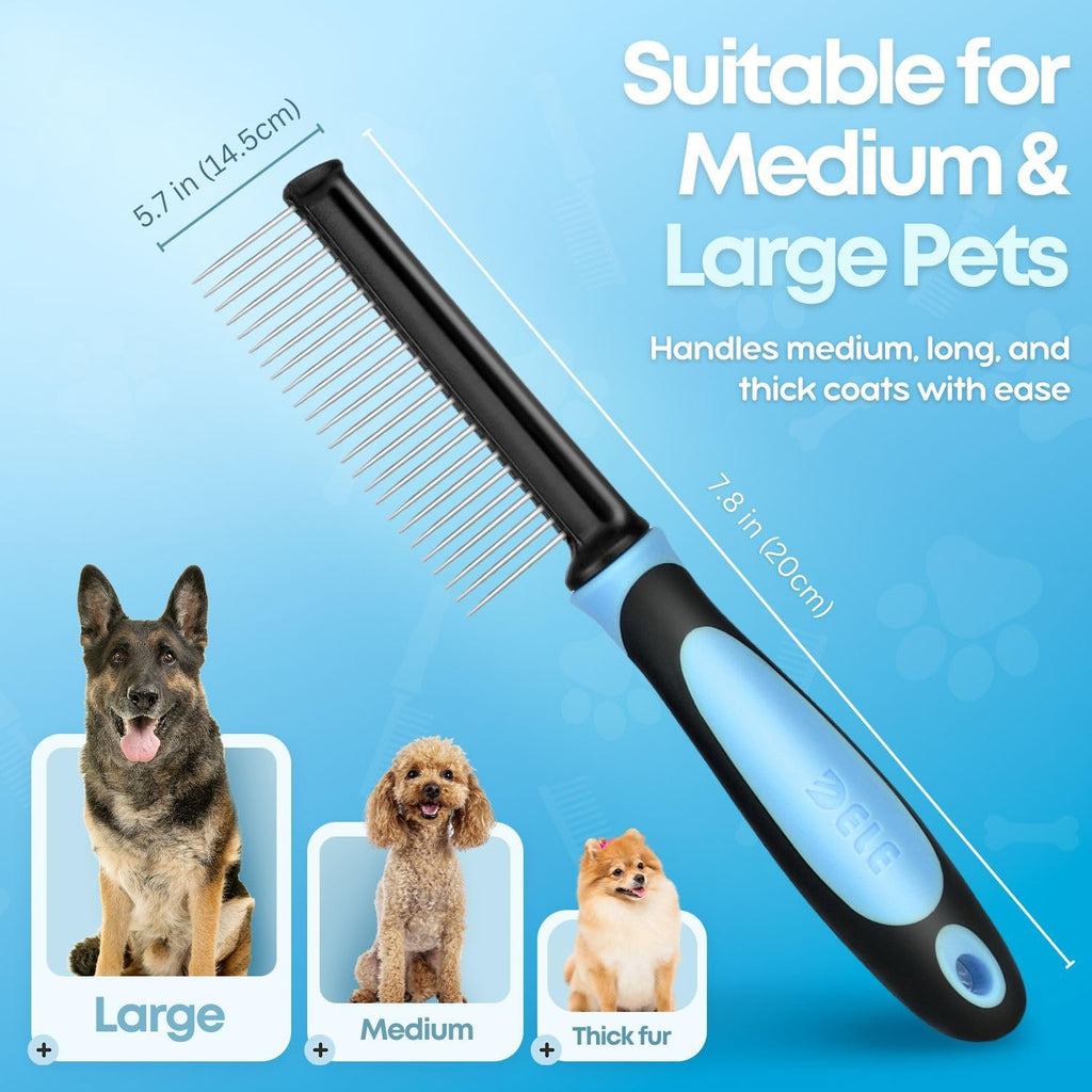 Flexzion Metal Dog Comb for Grooming and Dematting, Blue Soft-Grip Handle | Detangling Pet Comb for Dogs and Cats with Rounded Stainless Steel Teeth and a Non-Slip Grip