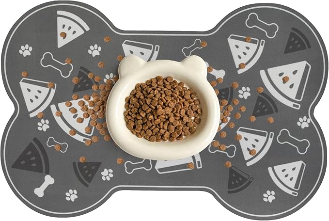 Dog Food Mat, 0.15” Thickened Super Absorbent Pet Feeding Mat for Food and Water, Fruit Donut Pattern Cat Placemat, Quick Dry Non-Slip Dog Bowl Mat, Water Splash Proof（Large Watermelon Grey）