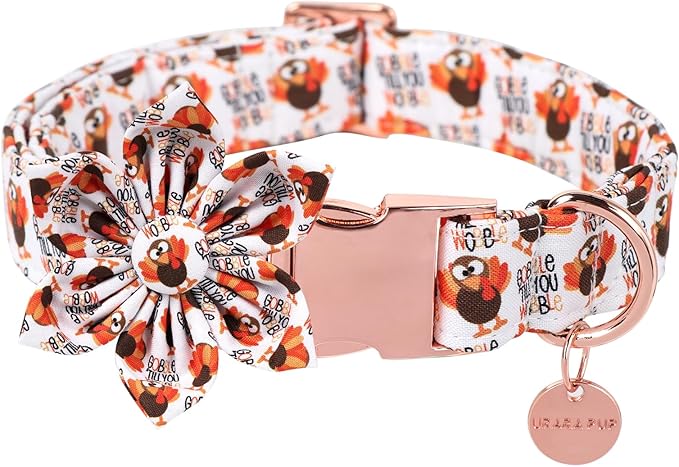 Thanksgiving Dog Collar with Flower, Turkey Cotton Flower Collar for Puppy Girl Dog or Cat, Autumn Flower Collar with Durable Metal Buckle, Thanksgiving Pet Collar, M, Neck 13.5-22in