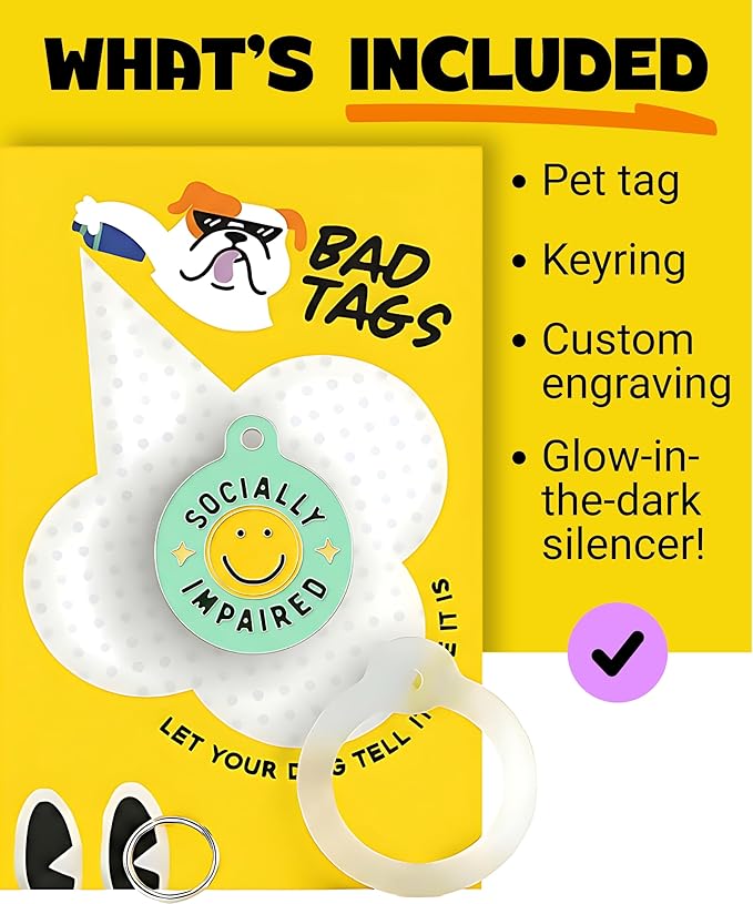 Bad Tags Personalized Dog and Cat ID Tags in 25+ Designs and 2 Sizes - 5 Lines of Custom Engraved Text - Funny Cute Personalized Pet Tags (Socially Impaired, Large (1.25 inch))