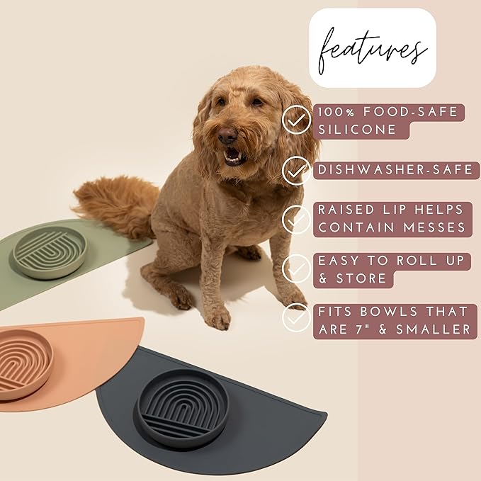 Should We Go - Waterproof Silicone Pet Food Mat - Non-Slip, Spill-Proof Feeding Mat for Floors, Raised Edge Design, Easy-to-Clean Pad for Dog & Cat Bowls, 21" Across x 10.5" Deep, Medium-Natural Sand