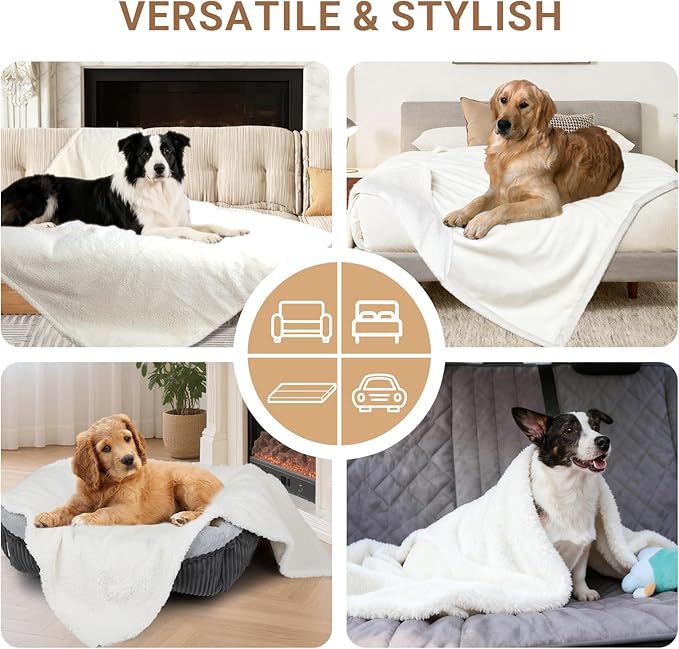 Waterproof Dog Blanket for Medium Dogs - Reversible Washable Pet Blanket, Soft Sherpa Fleece Furniture Protector, Cat Throw Bed Couch, Cream, 30"x40"