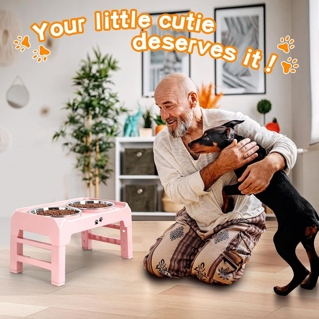 COMESOON Elevated Dog Bowls, 4 Height Adjustable Raised Bowl Stand with 2 Thick 50oz Stainless Steel Food Bowls Non-Slip Feeder Adjusts to 3.7'', 9.2'', 10.75'', 12.36'' Pink