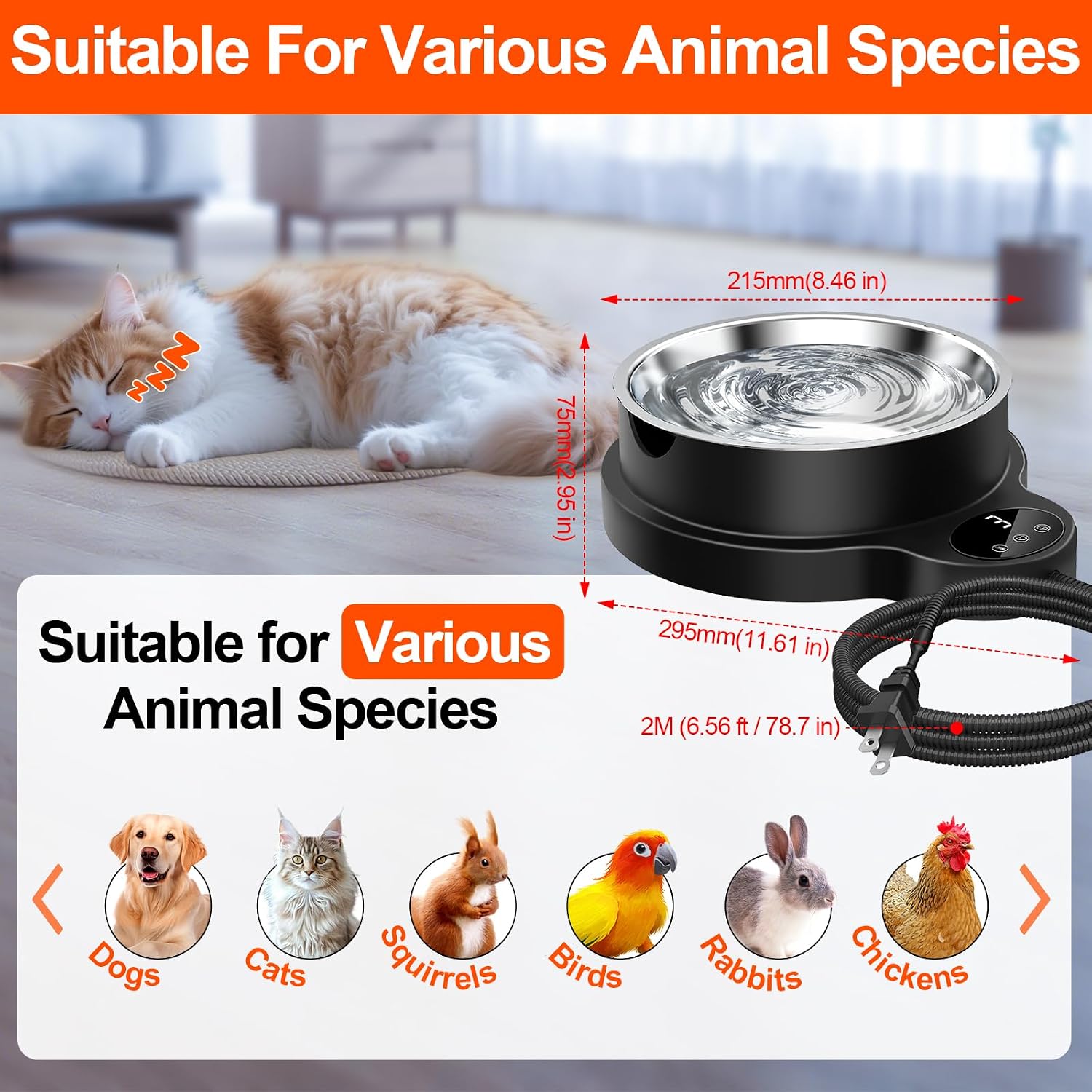 Heated Water Bowl for Dog Cat,Outdoor Heated Pet Bowl Food Bowl with 3 Temperature Settings & 12H Timer,50 oz Removable Stainless Steel Bowl,79" Anti-Chew Cord,for Dogs Cats Chickens Ducks Birds