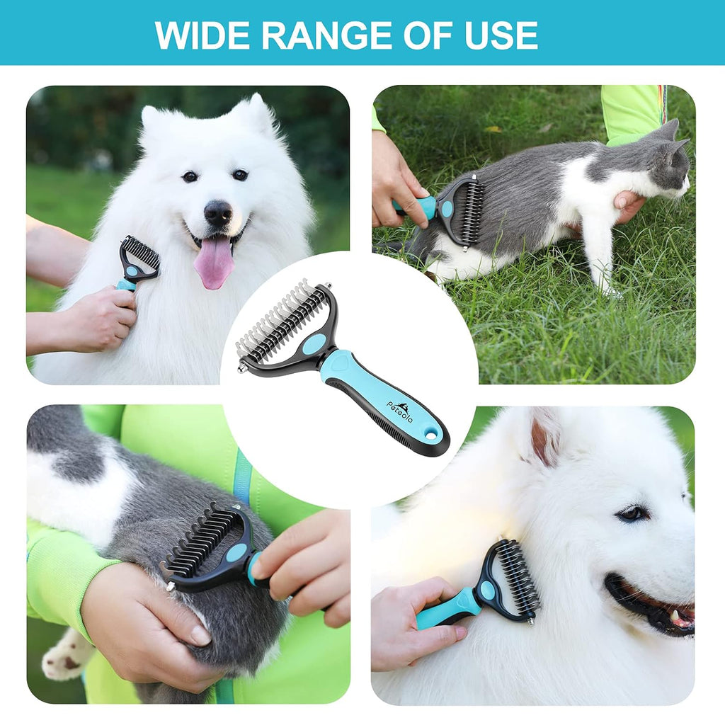 Pet Grooming Brush - 2 Sided Undercoat Rake for Deshedding and Detangling Fur - Safe Shedding Tool for Cats and Dogs (blue)
