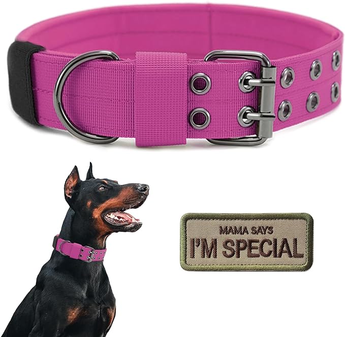 Tactical Dog Collar Military Adjustable Dog Collars Soft Nylon Training Collar with Patch Heavy Duty Metal Buckle Collars for Medium Large Dogs (Pink, M)