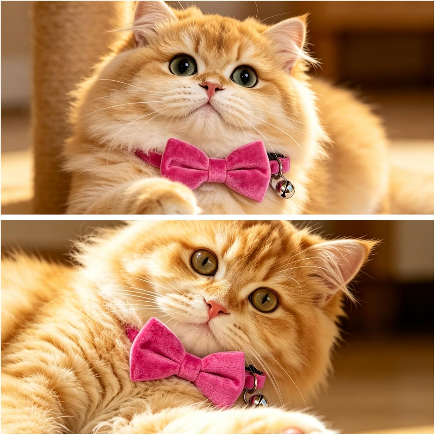 Cat Collar with Bells, Bow Tie Removable, Breakaway Safety Buckle, Soft Velvet Cute, Adjustable for Girl Boy Kitty Kitten Small Pets, 7"-10"