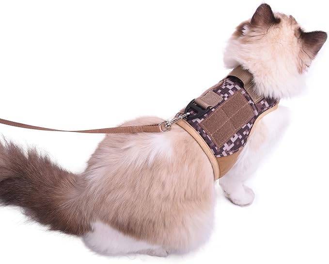 Tactical Kitty Harness and Leash for Walking Escape Proof, Desert Camo, Small, Adjustable Cat Walking Jackets, Padded Stylish Cat Vest for Winter