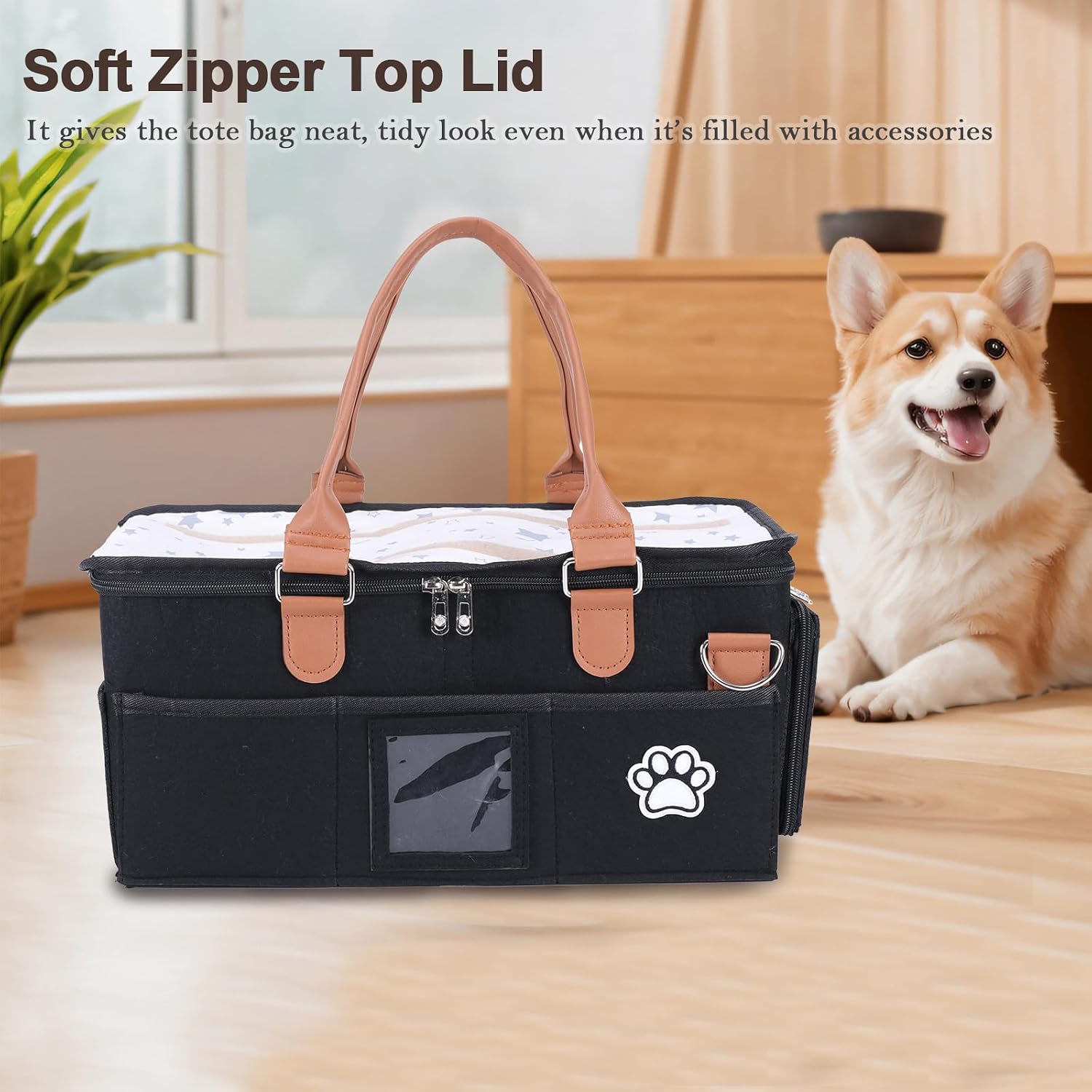 Felt Dog Grooming Bag,Portable Tote Bag for Dogs Cats,Dog Storage Organizer for Grooming Tool Kit,3 Compartments Pet Stuff Oganizers with 8 Pockets-Black