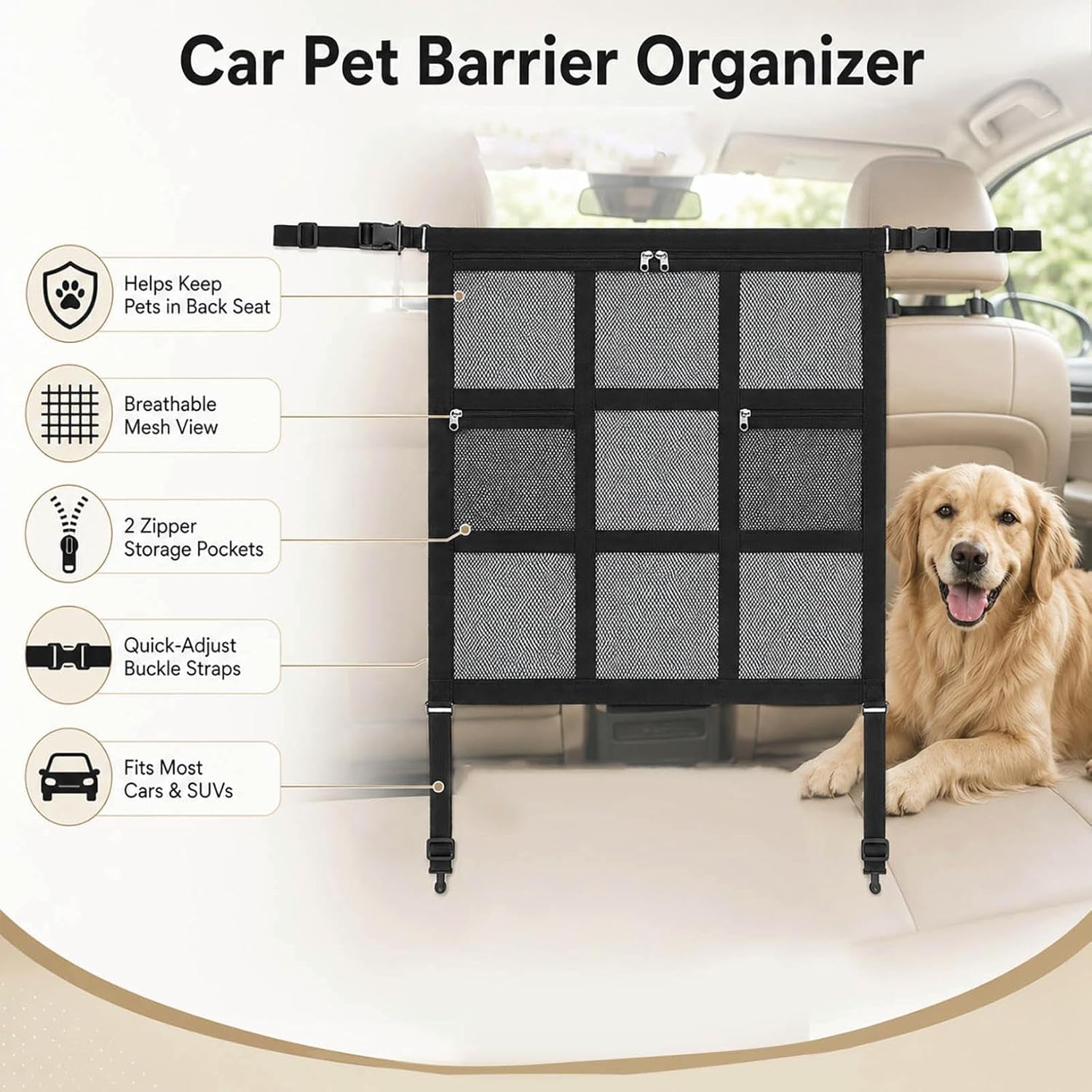 Dog Car Barrier 2026 Upgrade, Double Layer Mesh Dog Net for Car Divider with Storage Organizer, Universal Fit for SUVs, Sedans & Trucks, Easy to Install & Breathable Vehicle Travel Fence, no Storage