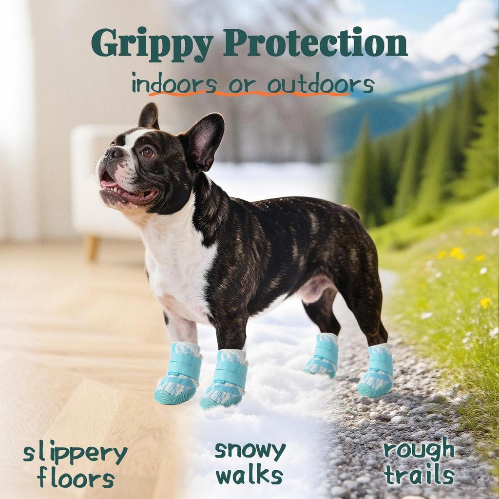 Dog Shoes for Medium Dogs, Outdoor Dog Boots & Paw Protectors for Hot Pavement, Winter Snow Hiking, Breathable Dog Booties, Indoor Hardfloors Anti Slip Sole Blue Size 4